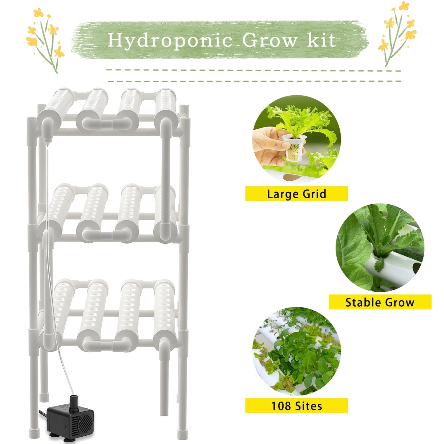Hydroponics Growing System Kit,BHTNYOO 3 Layers/108 Sites Hydroponic Garden Vegetables and Herbs PVC-Pipe Cultivation Equipment