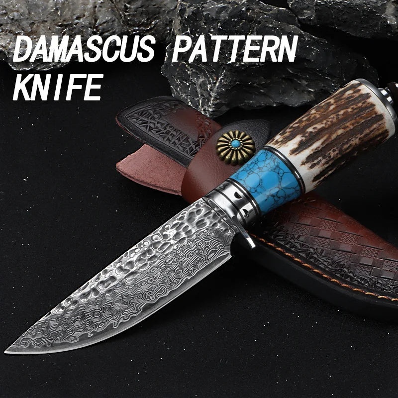 1 Piece Damascus Steel Outdoor Knife with Fixed Blade, Handmade Sheath and Gorgeous Design - Perfect for Camping, Survival and Rescue | Camping and Survival Equipment