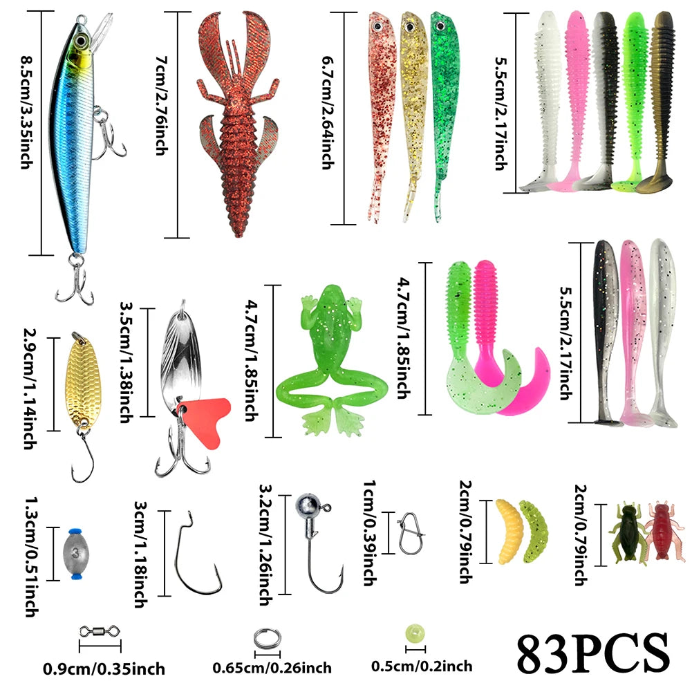 83pcs Fishing Lures Kit Soft and Hard Bait Hooks Sinker Weights Swivels Fishing Gifts for Men