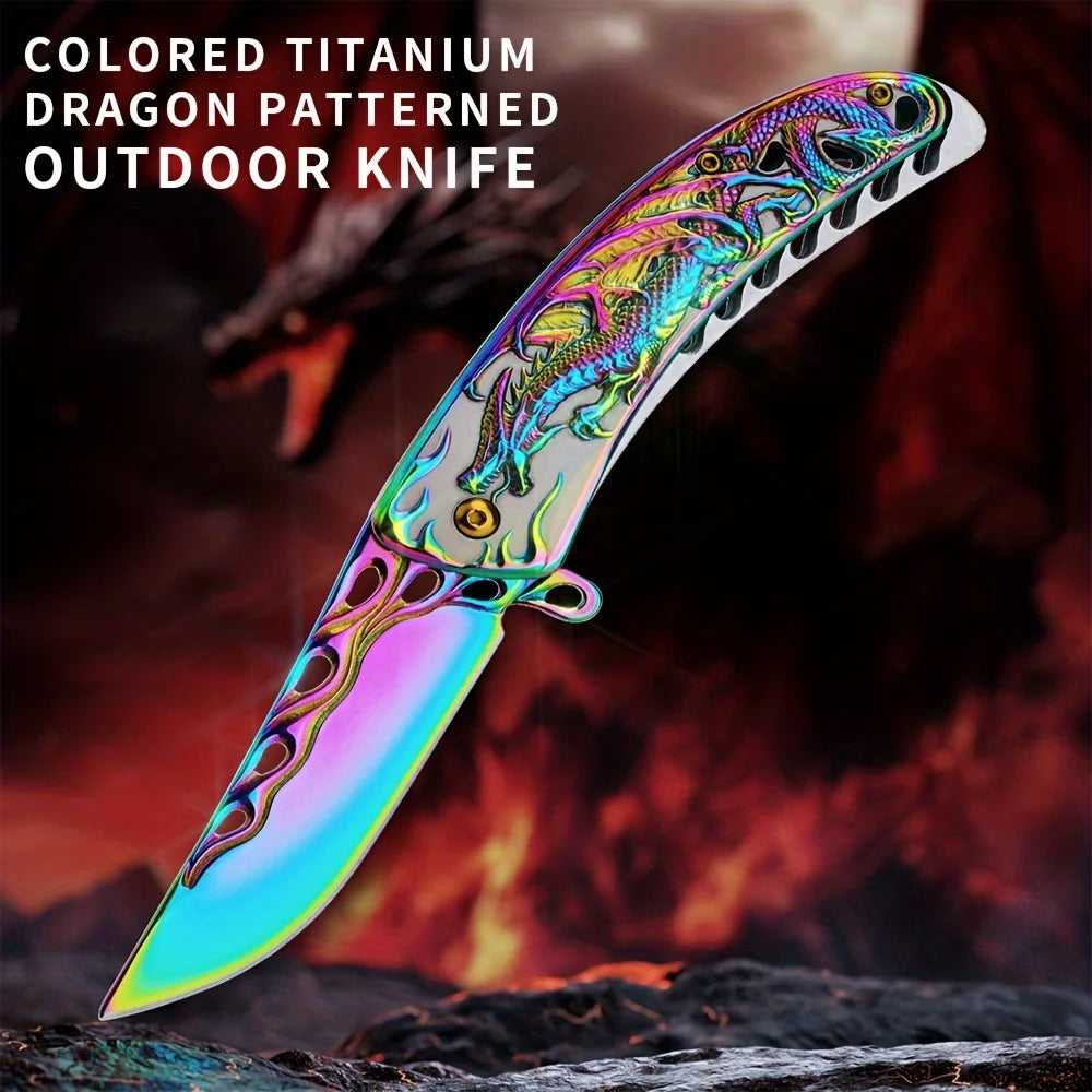 1Pcs Dragon Engraved High-Quality Survival Camping Knife with Blue/Red Handle, Pocket Clip for Outdoor and Collection,EDC Outdoo