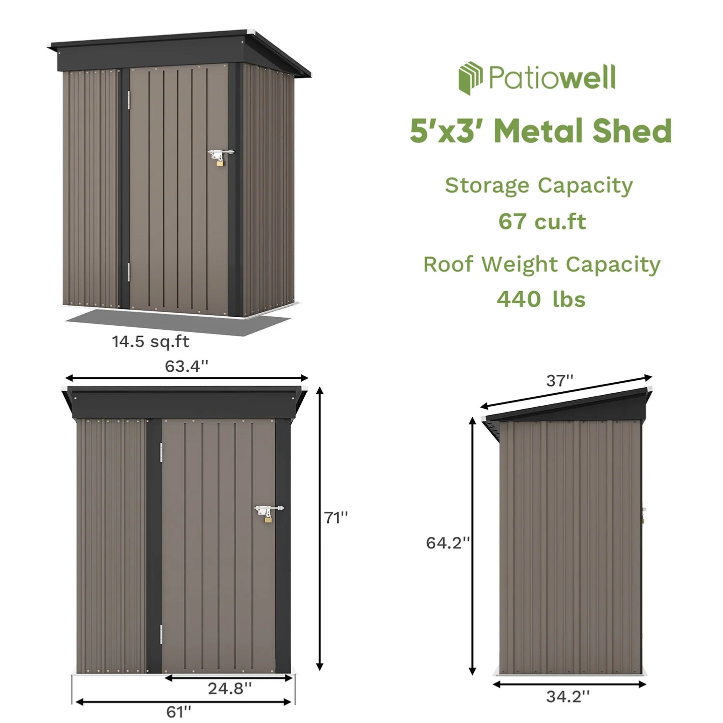 Patiowell 5x3 Ft Outdoor Storage Shed With Lockable Door