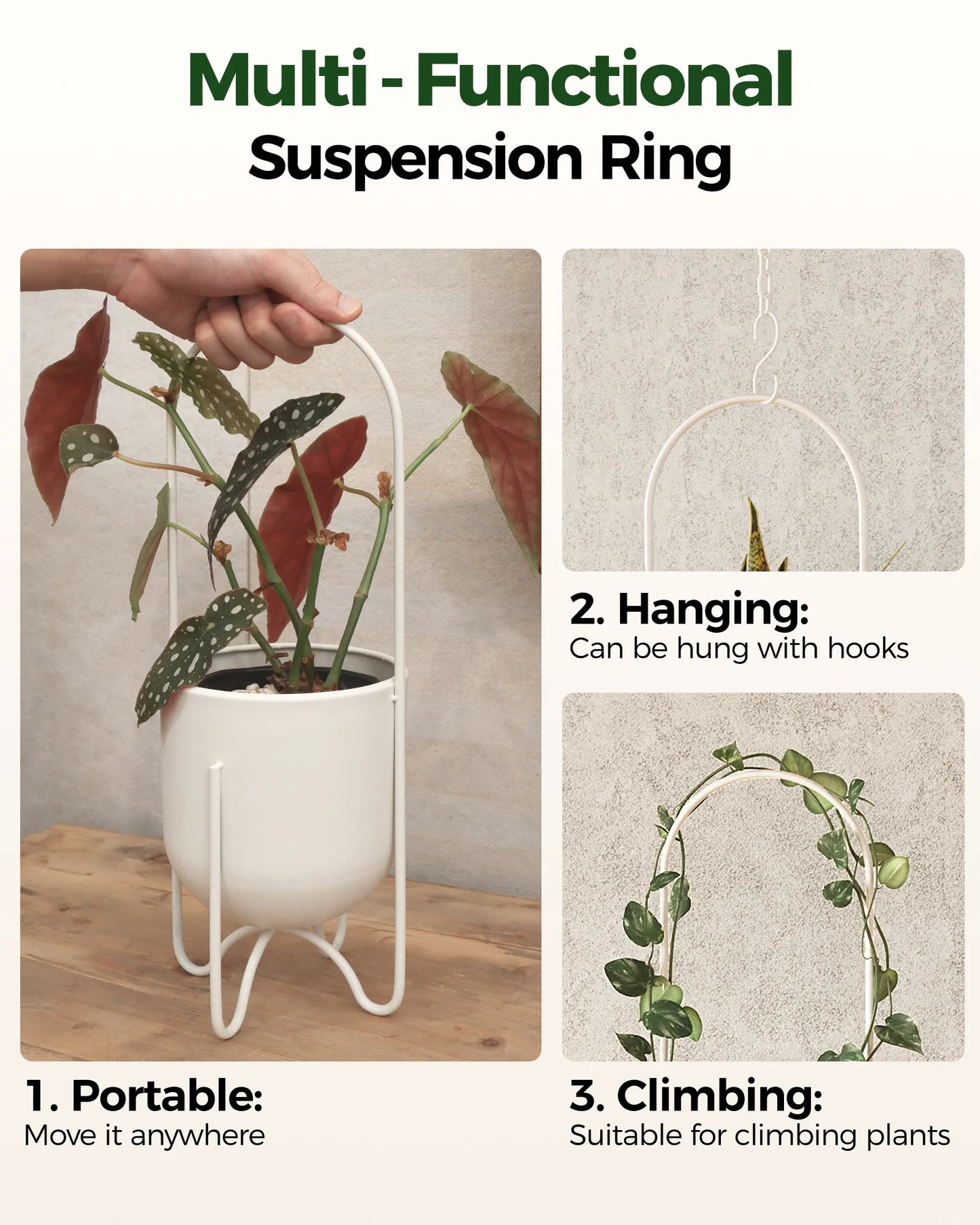 Bamworld Cream Hanging Planter Indoor Outdoor Metal Plant Hanger 5 Inch Tabletop Flower Pot No Chains Hooks for Home Decor