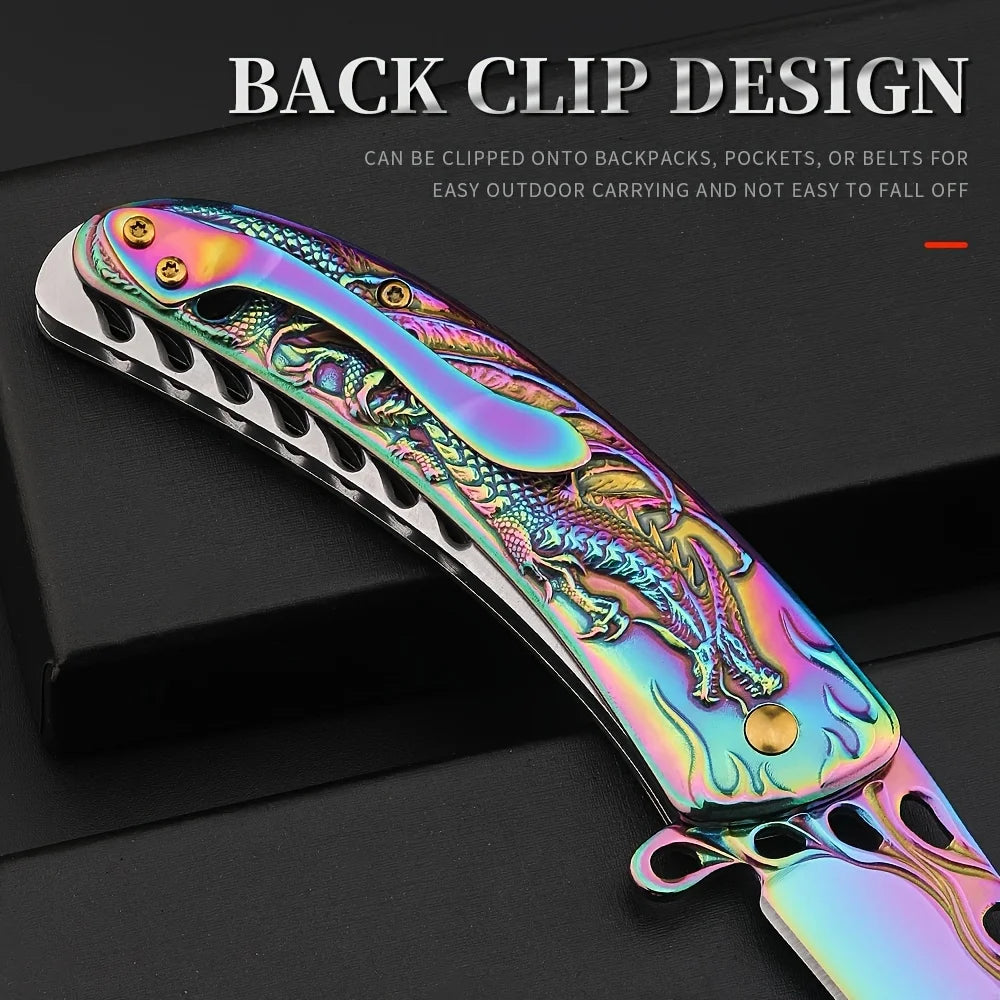 1Pcs Dragon Engraved High-Quality Survival Camping Knife with Blue/Red Handle, Pocket Clip for Outdoor and Collection,EDC Outdoo