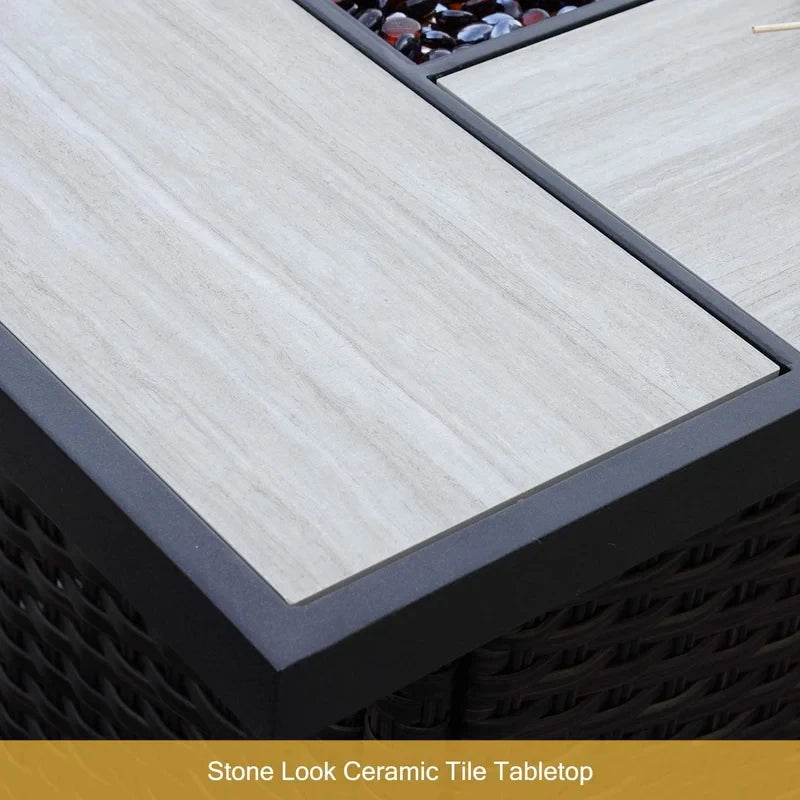 Outdoor 43-Inch Safety Approved Gas Fire Pit Table Rectangle Propane Fire Pit with Ceramic Tile Top and Wicker Base