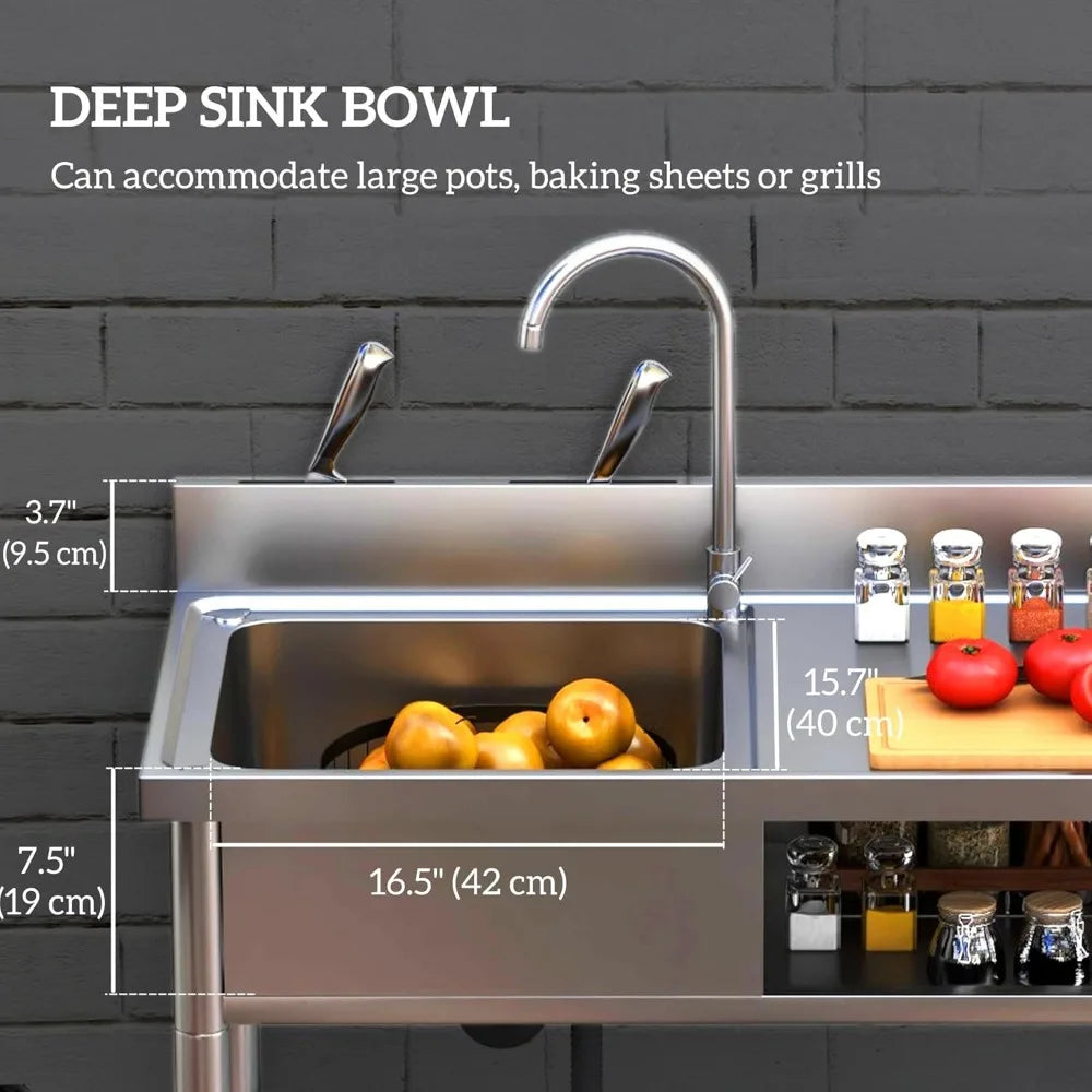 Outdoor Utility Sink, Deep Stainless Steel Sink, Free Standing Single Bowl with Cold and Hot Water Pipe and Storage Shelf for L