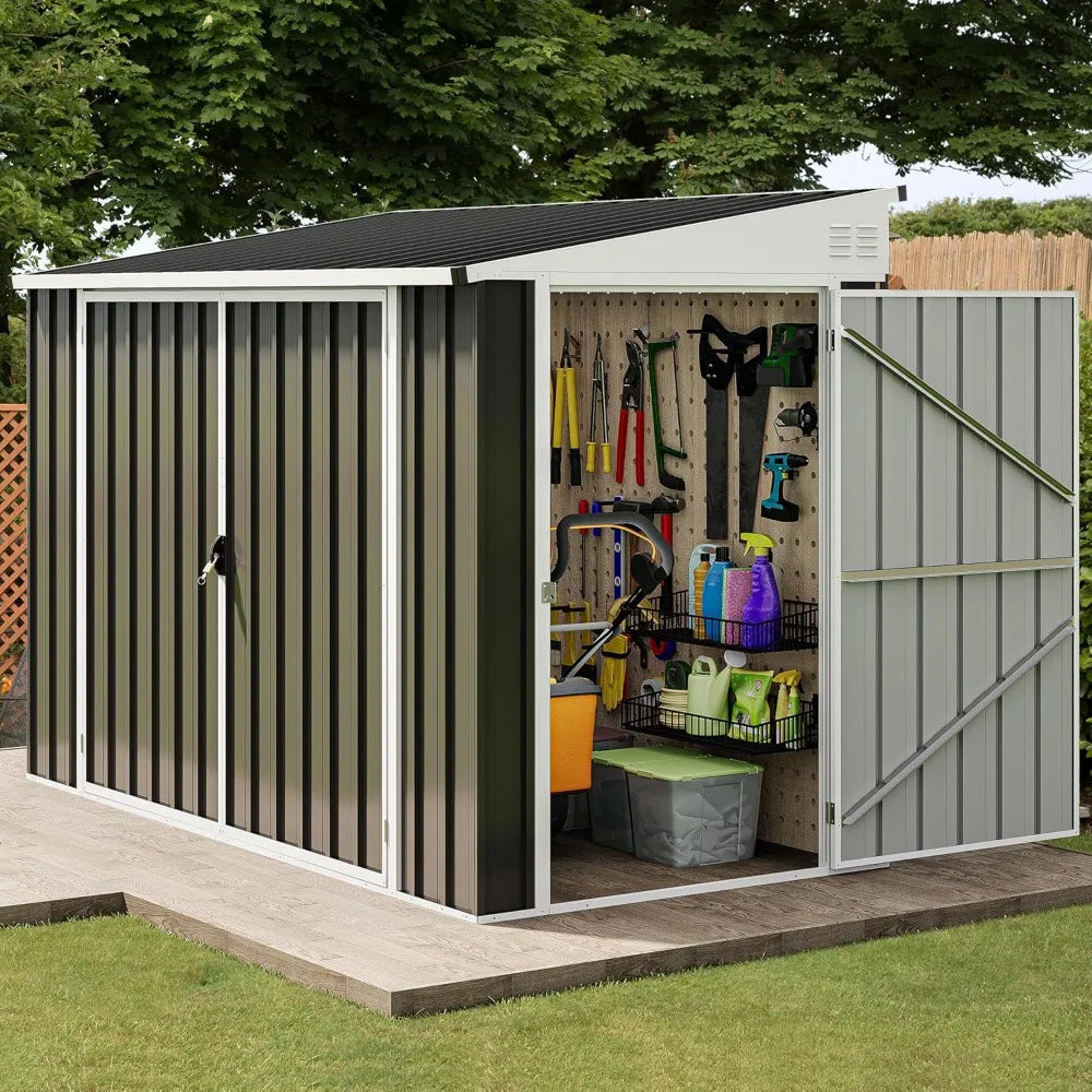 8x4 FT Outdoor Weatherproof Storage Shed, Secure Metal Bike Shed w/Lockable Entry, Storage for Lawn Equipment, Tools
