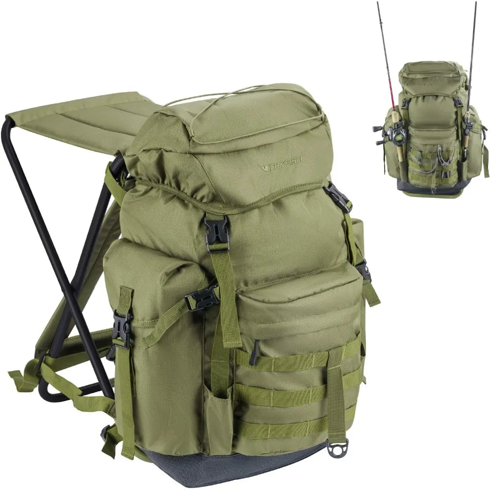 Fishing Backpack With Foldable Chair 35L Rod Holder Storage