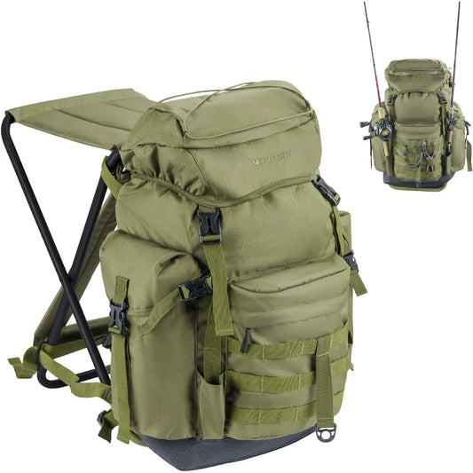 Fishing Backpack With Foldable Chair 35L Rod Holder Storage