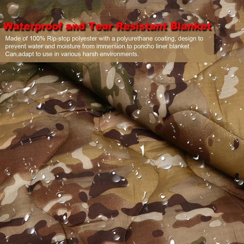 Tactical Army Poncho Liner Camouflage Water Repellent Woobie Quilted Blanket Suitable for Shooting, Hunting