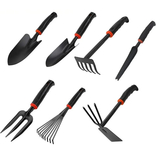 Garden Tool Set 7 Pieces for Outdoor Landscaping and Plant Care: Includes Two Shovels Rakes Cultivators and Transplanting Tools