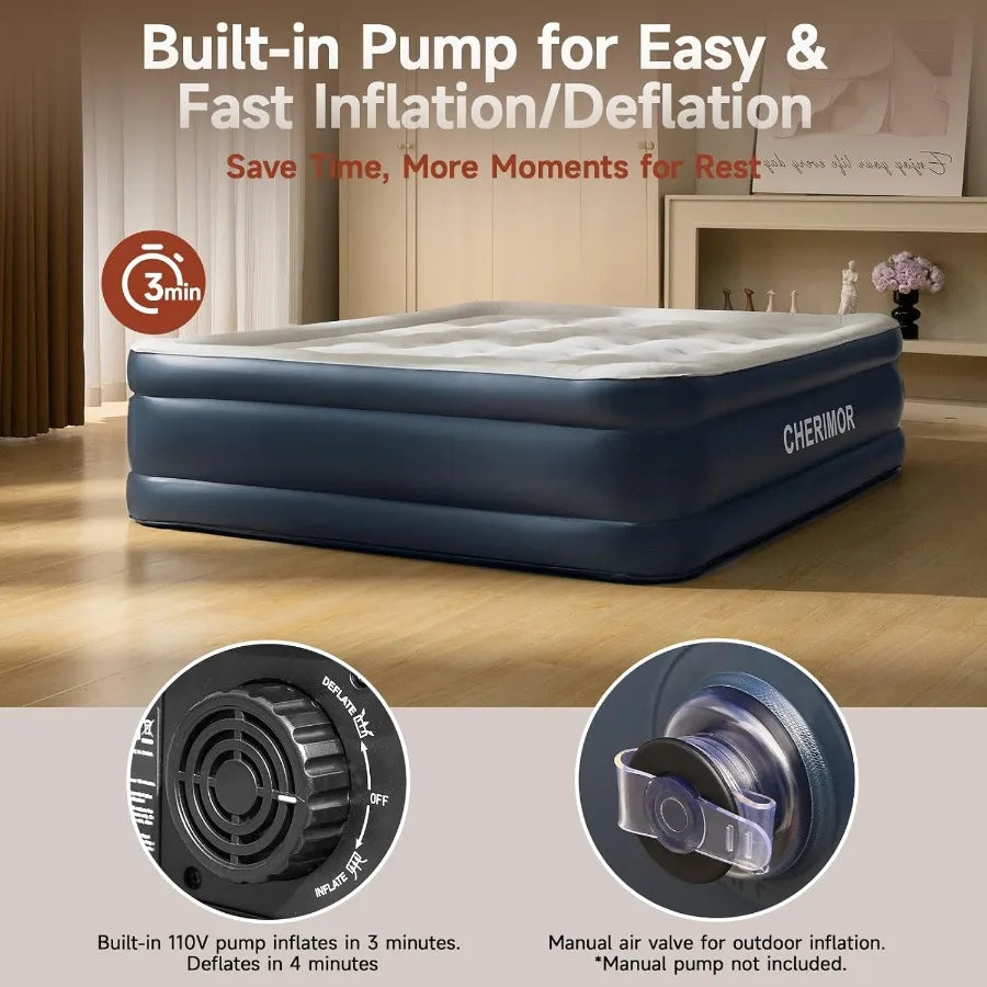 King Size Air Mattress with Builtin Pump for Outdoor Camping Sleepover Guest Room Use 18in Raised Heavy Duty Inflatable Bed wit