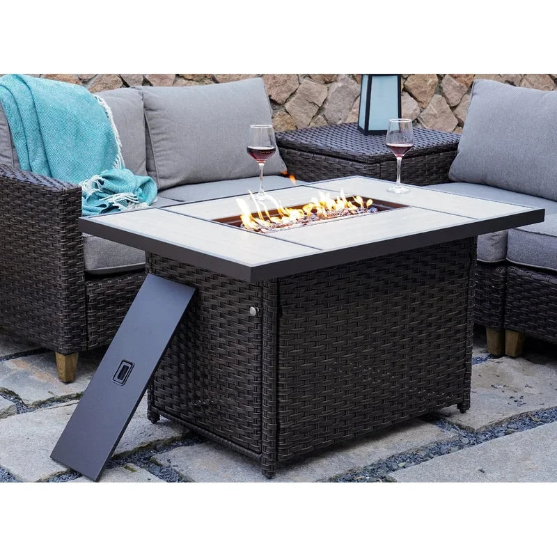 Outdoor 43-Inch Safety Approved Gas Fire Pit Table Rectangle Propane Fire Pit with Ceramic Tile Top and Wicker Base