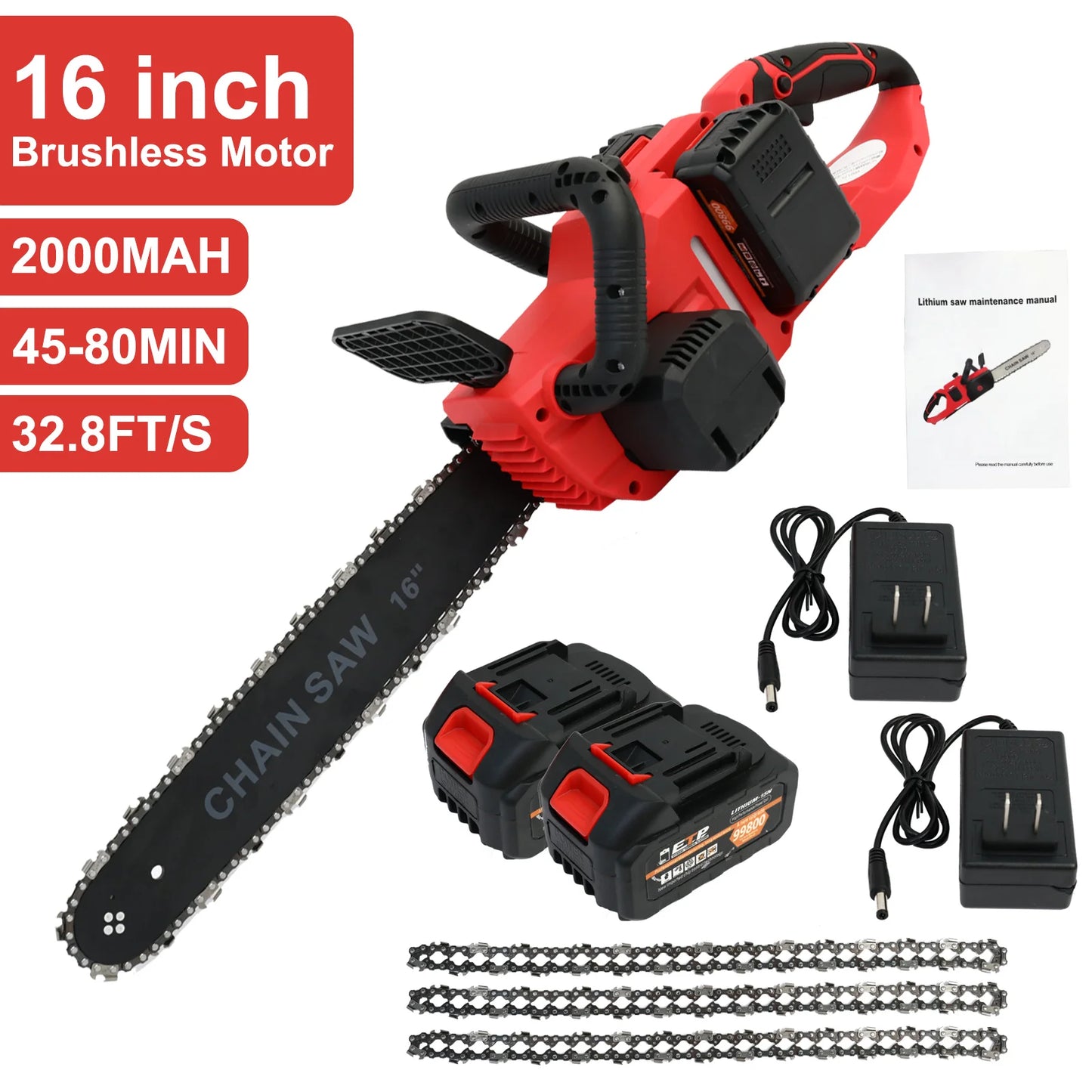 42V Cordless Chainsaw 16 Inch Brushless 1350W Dual Battery