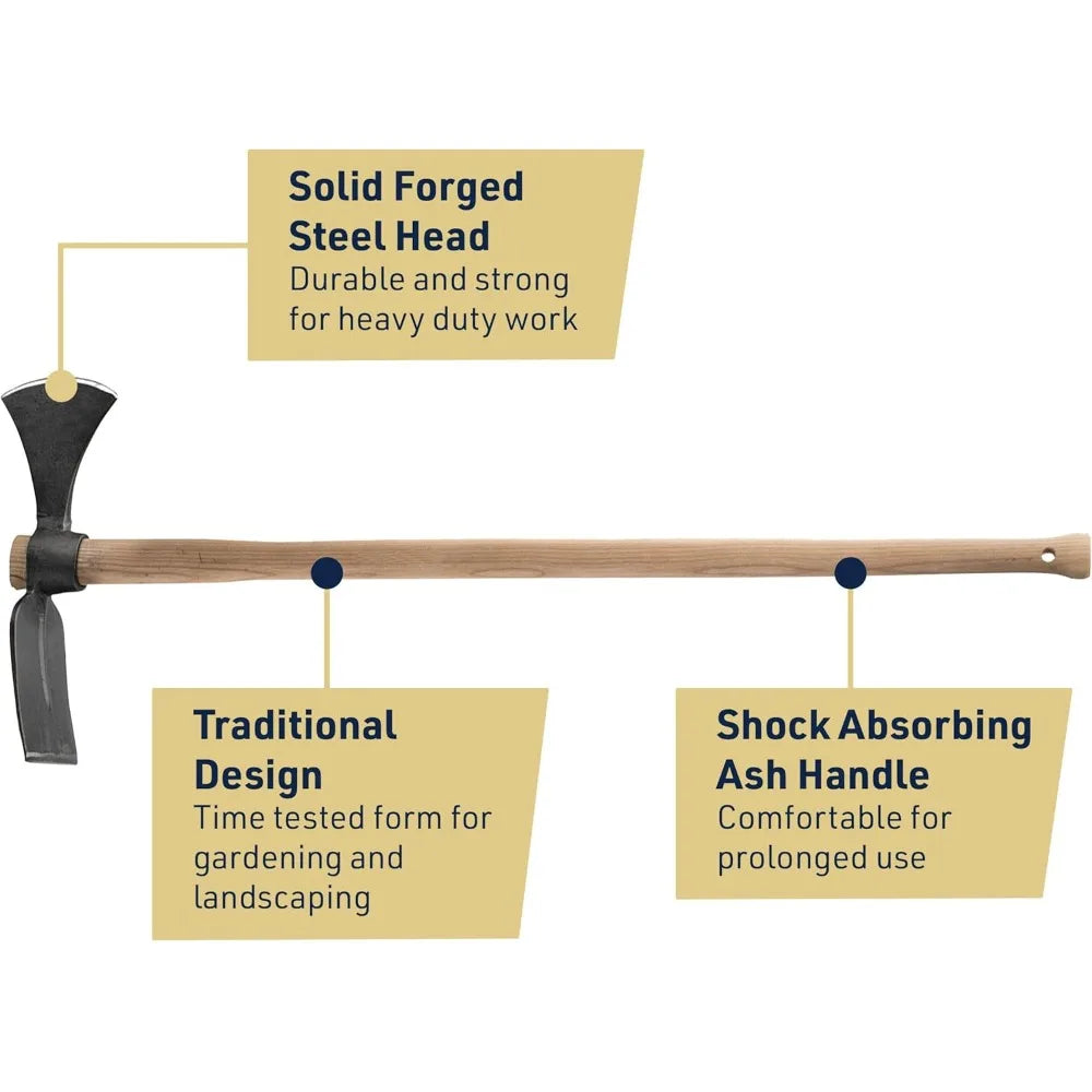 Cutter Mattock Digging Tool - 42” Garden Hoe and Hand Pick Axe Splitting Hatchet with Steel Blades and Wood Handle -Pickaxe for