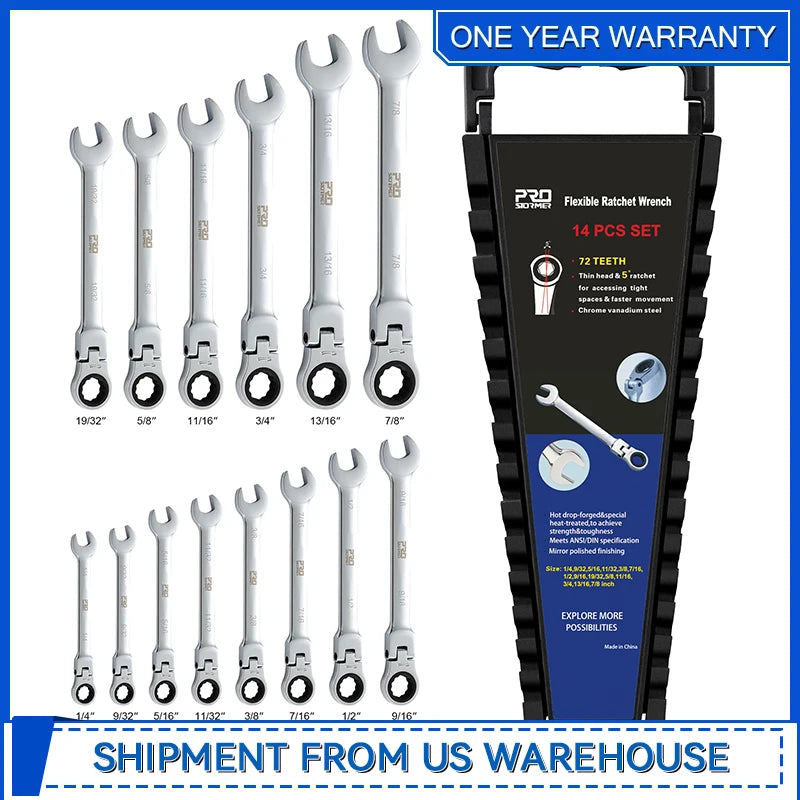 Flex Head Ratcheting Wrench Set SAE1/4"-7/8"14-Piece Chrome Vanadium Steel Combination Wrench Set with Wrench Rack By Prostormer