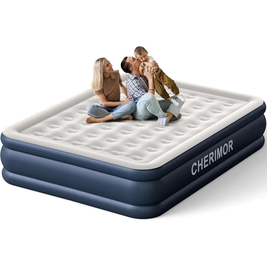 King Size Air Mattress with Builtin Pump for Outdoor Camping Sleepover Guest Room Use 18in Raised Heavy Duty Inflatable Bed wit
