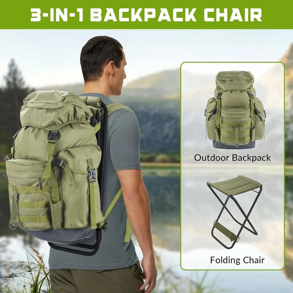 Fishing Backpack With Foldable Chair 35L Rod Holder Storage