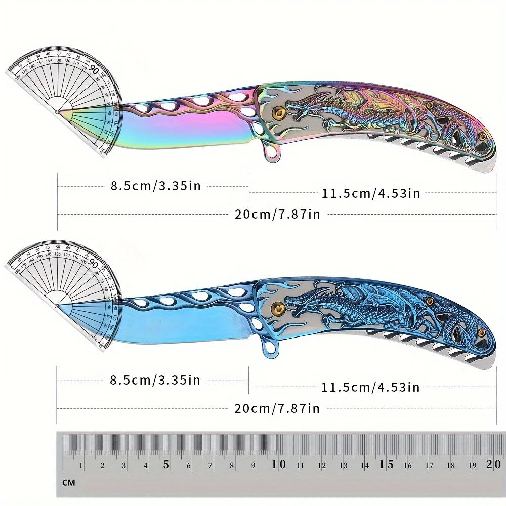 1Pcs Dragon Engraved High-Quality Survival Camping Knife with Blue/Red Handle, Pocket Clip for Outdoor and Collection,EDC Outdoo