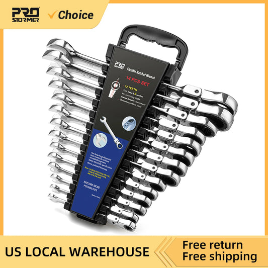 Flex Head Ratcheting Wrench Set SAE1/4"-7/8"14-Piece Chrome Vanadium Steel Combination Wrench Set with Wrench Rack By Prostormer