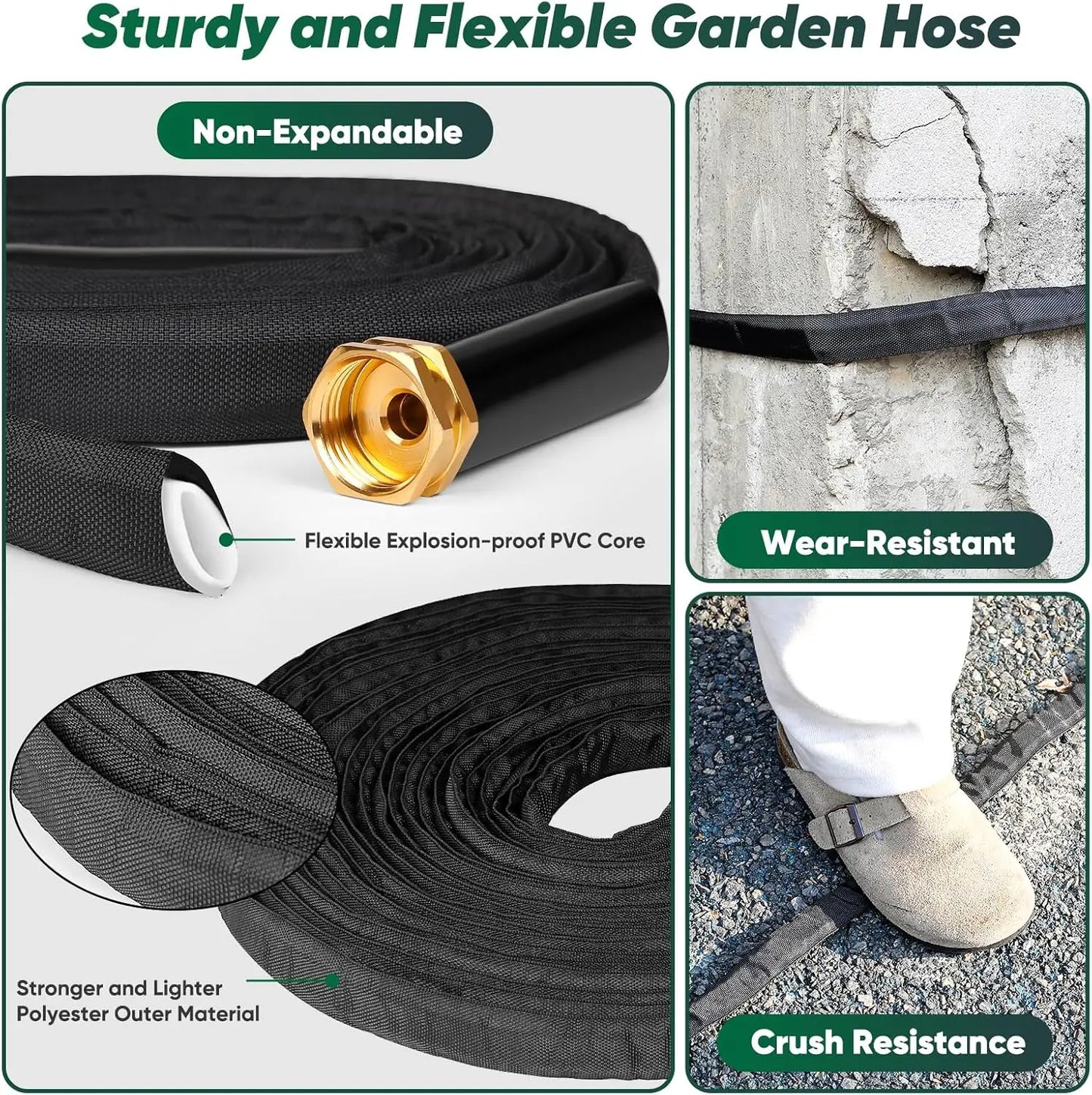 Garden Hose 50ft, Non-Expanding, Lightweight, Leak-Proof Metal interface, No-Knots, Portable, Wear-Resistant, Sturdy, Flexible,
