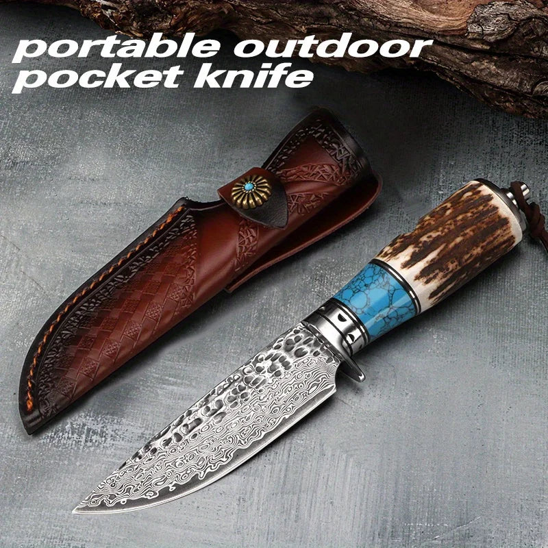 1 Piece Damascus Steel Outdoor Knife with Fixed Blade, Handmade Sheath and Gorgeous Design - Perfect for Camping, Survival and Rescue  | Camping and Survival Equipment