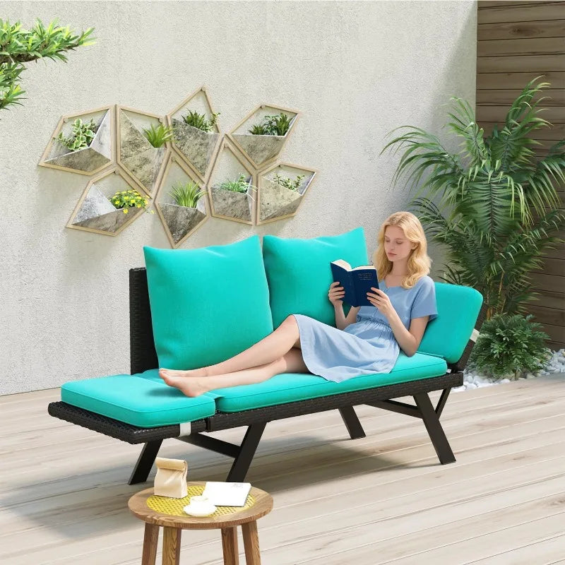 Outdoor Convertible Sofa, Daybed Couch with Adjustable Armrests, Woven Rattan Patio Loveseat or Double Chair with Soft C