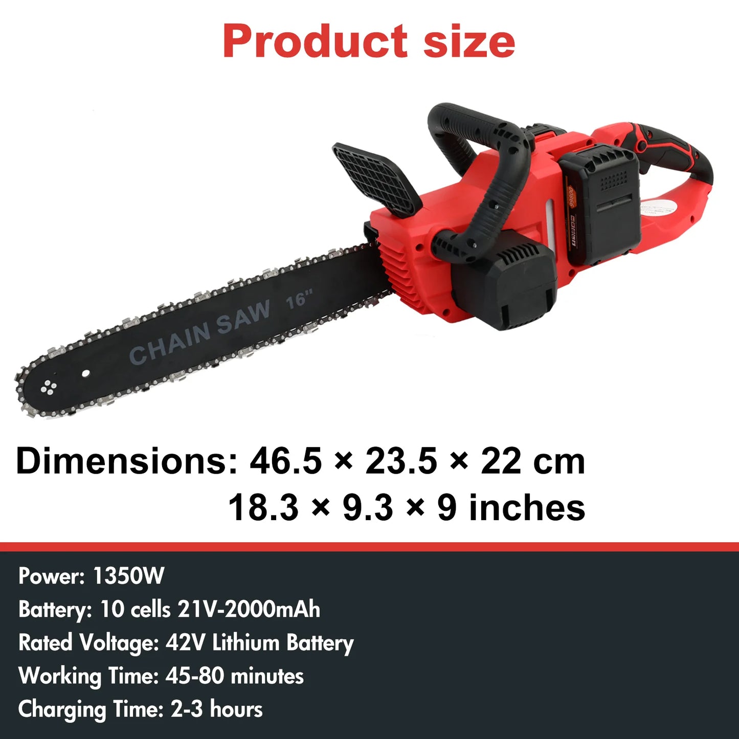 42V Cordless Chainsaw 16 Inch Brushless 1350W Dual Battery