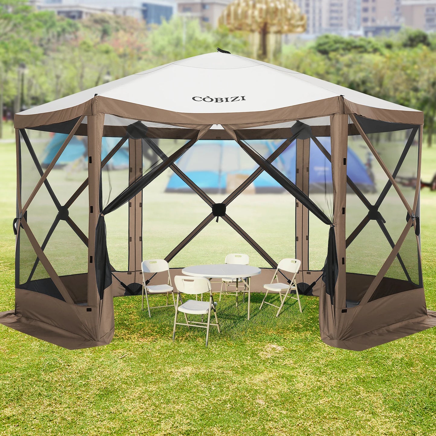 12x12ft Pop up Gazebo Screen House Tent with Mosquito Netting, 6 Sided Pop-up Canopy Shelter Tent Easy-Set Portable Gazebo
