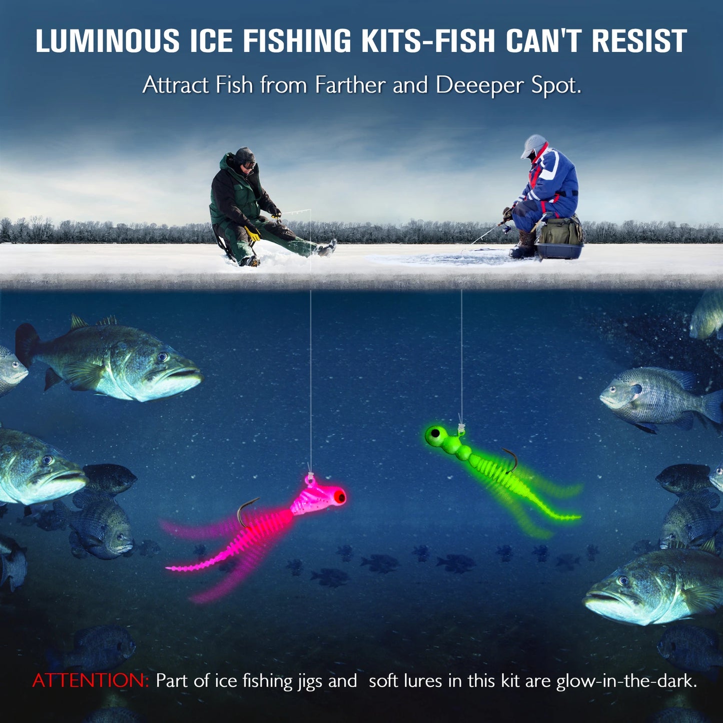 93pcs  Ice Fishing Jigs Kit, Ice Fishing Lures Glow in The Dark Ice Jigs | Soft Baits Ice Fishing Jig Heads Walleye Crappie