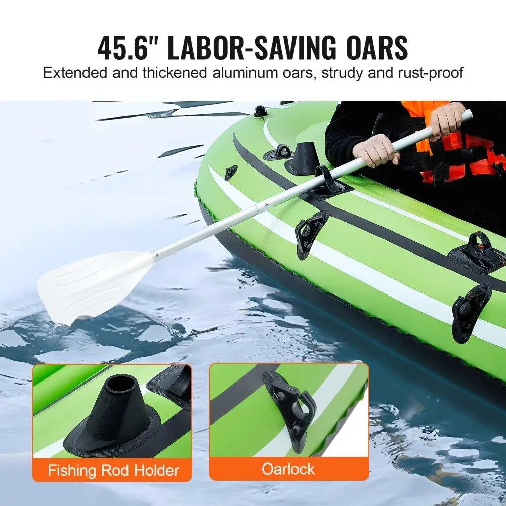 Inflatable Fishing Boat 3 Person Strong PVC Portable Raft Kayak Aluminum Oars Fishing Rod Holders 2 Seats 1100 LB Capacity