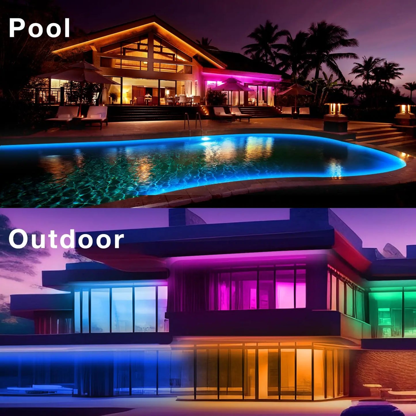 100FTOutdoor Waterproof Smart Led Light Strip, Support App (Mineral Switch, Follow Music Rhythm, Rgb Color Change), Ip65, Suitable for Swimming Pool, Eaves, Garden.