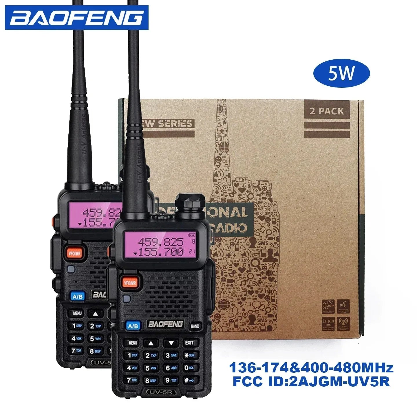 Baofeng UV5R 2 Pack Dual Band Two Way Radio 5W Long Range