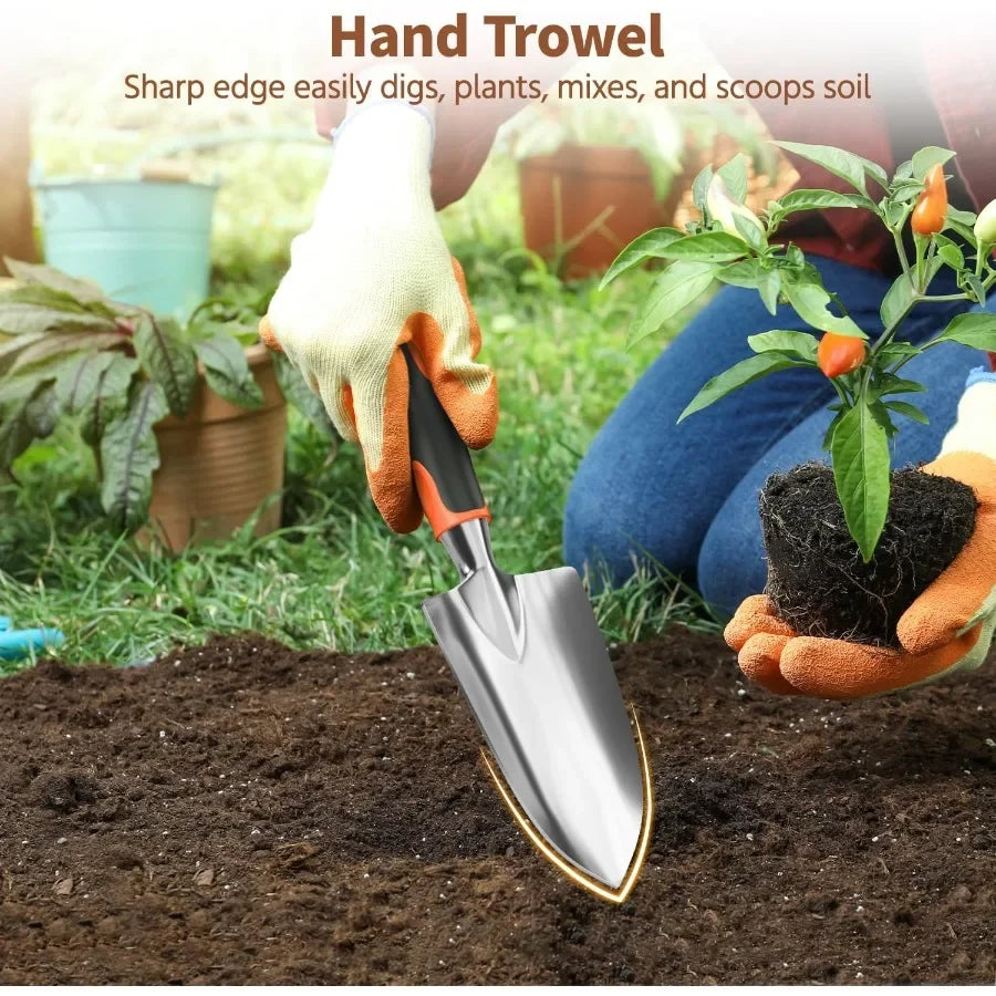 3 Piece Garden Tool Set with Ergonomic Handles for Outdoor Use Includes Hand Trowel Rake and Transplant Shovel for W