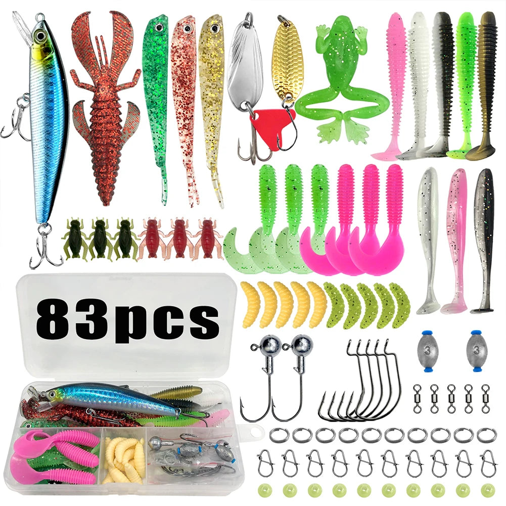 83pcs Fishing Lures Kit Soft and Hard Bait Hooks Sinker Weights Swivels Fishing Gifts for Men