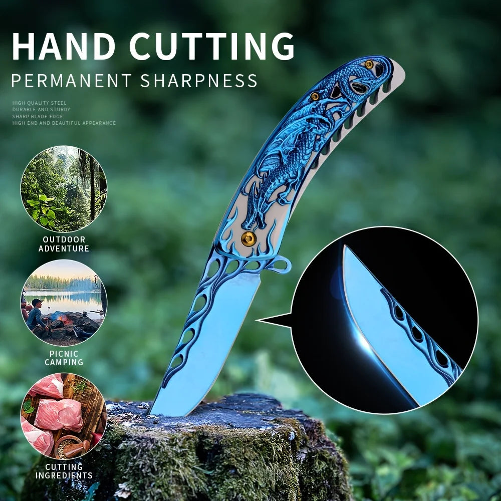 1Pcs Dragon Engraved High-Quality Survival Camping Knife with Blue/Red Handle, Pocket Clip for Outdoor and Collection,EDC Outdoo
