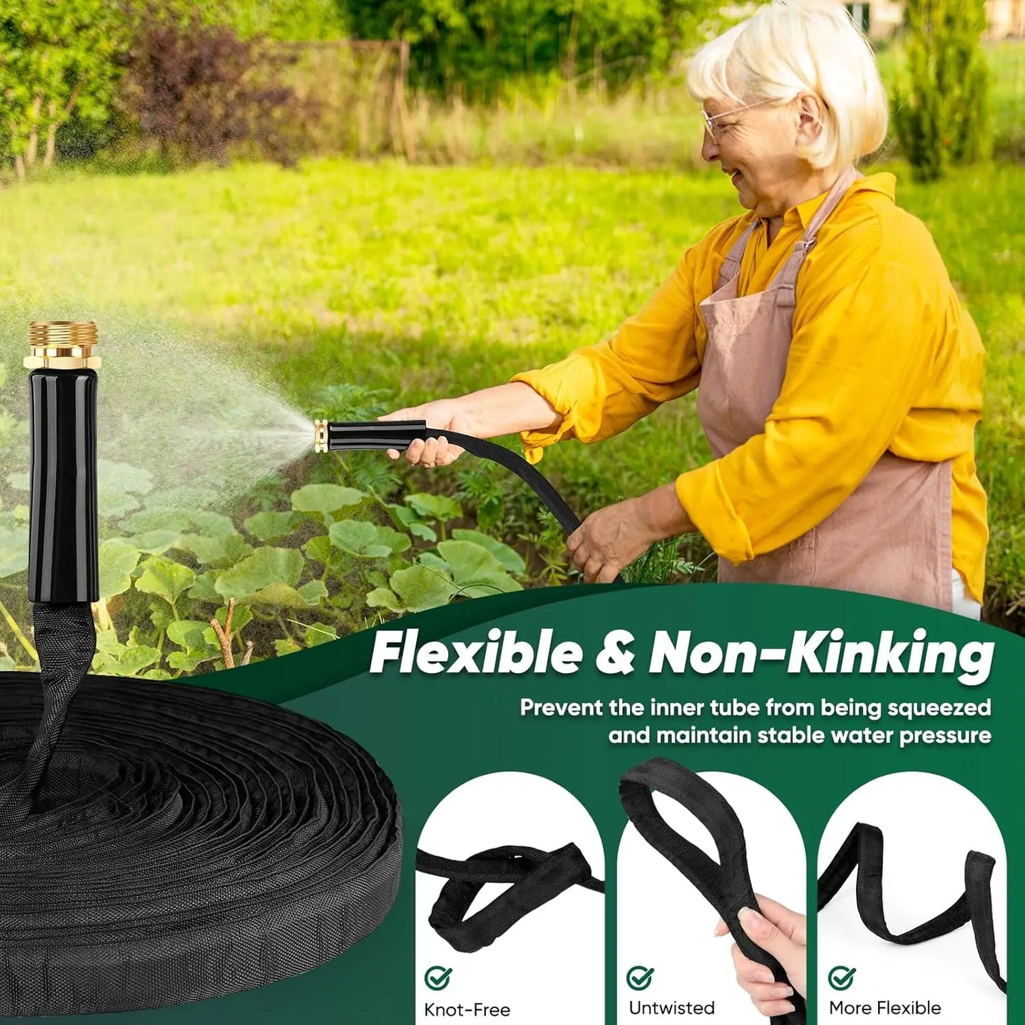 Garden Hose 50ft, Non-Expanding, Lightweight, Leak-Proof Metal interface, No-Knots, Portable, Wear-Resistant, Sturdy, Flexible,
