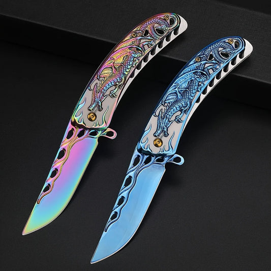 1Pcs Dragon Engraved High-Quality Survival Camping Knife with Blue/Red Handle, Pocket Clip for Outdoor and Collection,EDC Outdoo