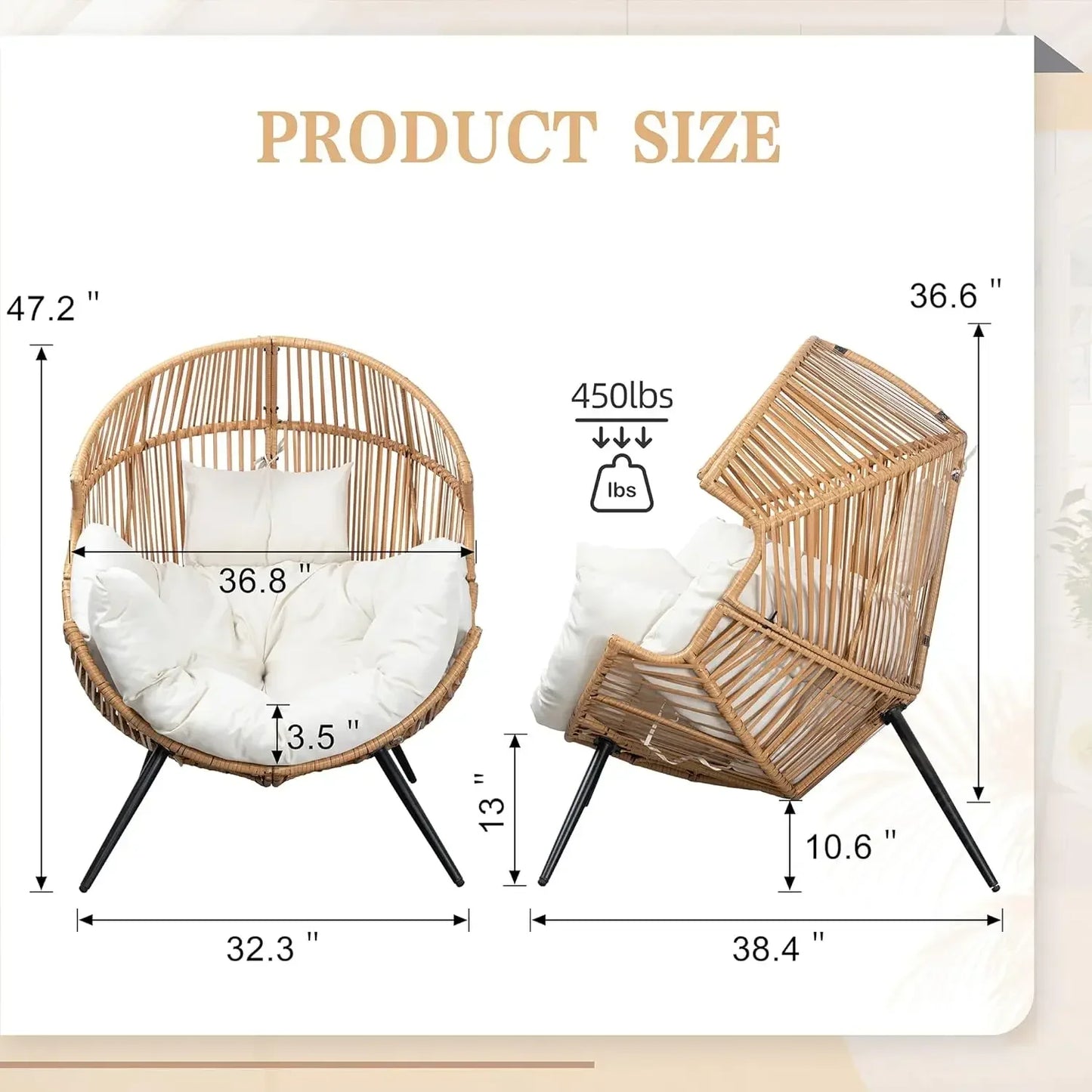 Wicker Egg Chair PE Rattan Chair with Cushion,Oversized Patio Lounge Chair for Outdoor, Indoor, Balcony, Backyard, Garden, Beige