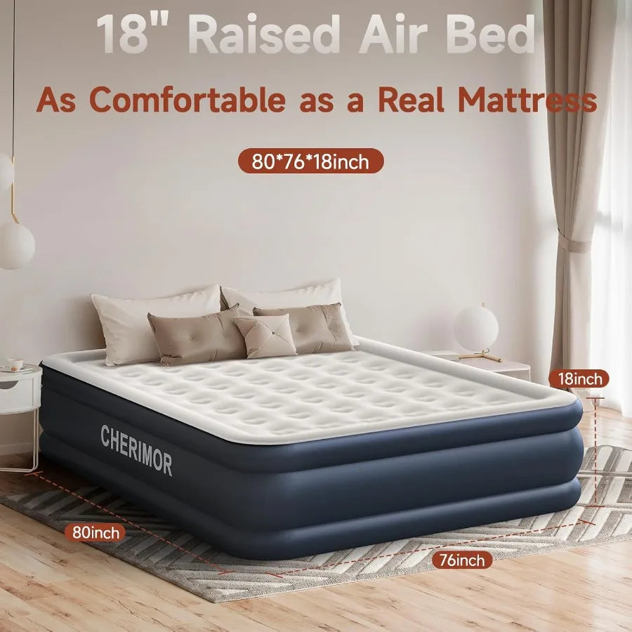 King Size Air Mattress with Builtin Pump for Outdoor Camping Sleepover Guest Room Use 18in Raised Heavy Duty Inflatable Bed wit