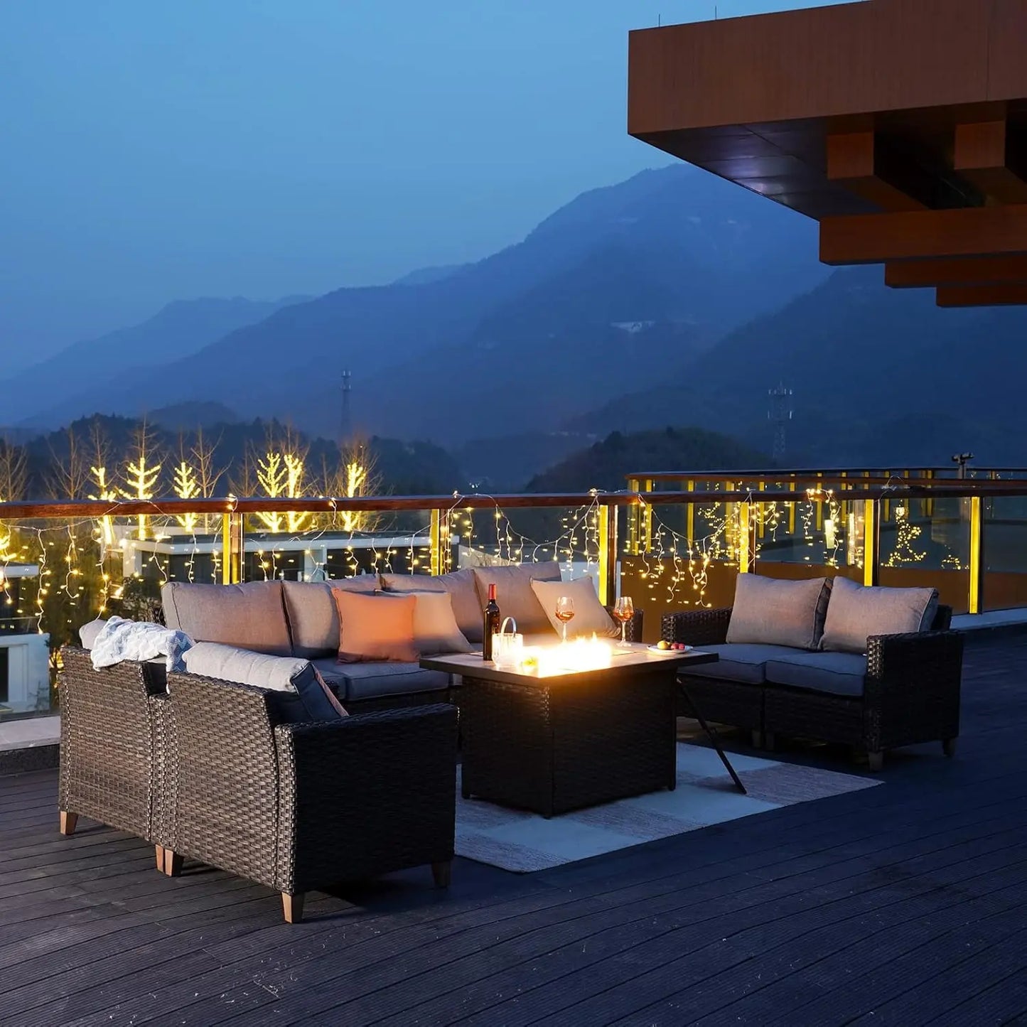 Outdoor 43-Inch Safety Approved Gas Fire Pit Table Rectangle Propane Fire Pit with Ceramic Tile Top and Wicker Base