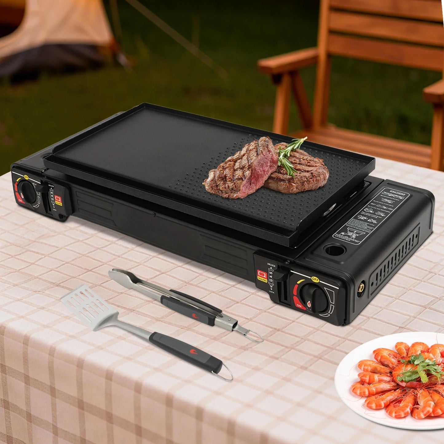 2in1 2-Burner Portable Camping Stove, Butane Camping Stove Kit w/Baking Pan and Carrying Case, Auto Ignition Camping Burner LPG