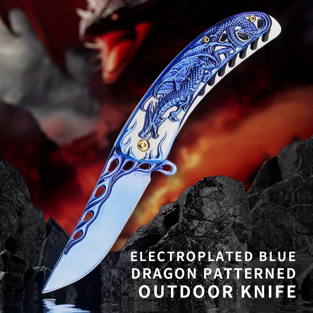 1Pcs Dragon Engraved High-Quality Survival Camping Knife with Blue/Red Handle, Pocket Clip for Outdoor and Collection,EDC Outdoo