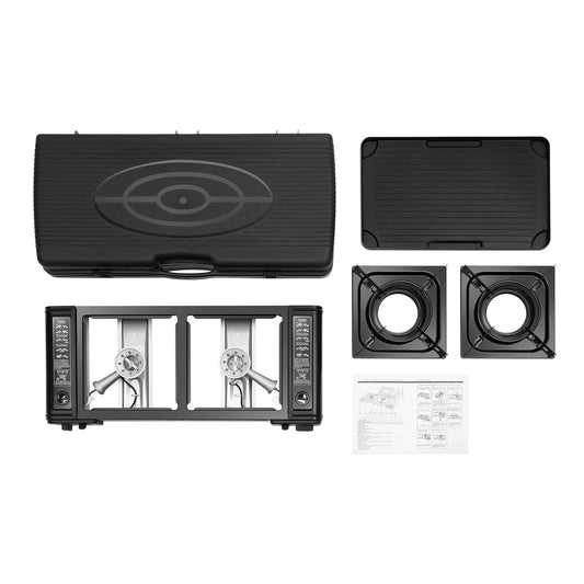 2in1 2-Burner Portable Camping Stove, Butane Camping Stove Kit w/Baking Pan and Carrying Case, Auto Ignition Camping Burner LPG