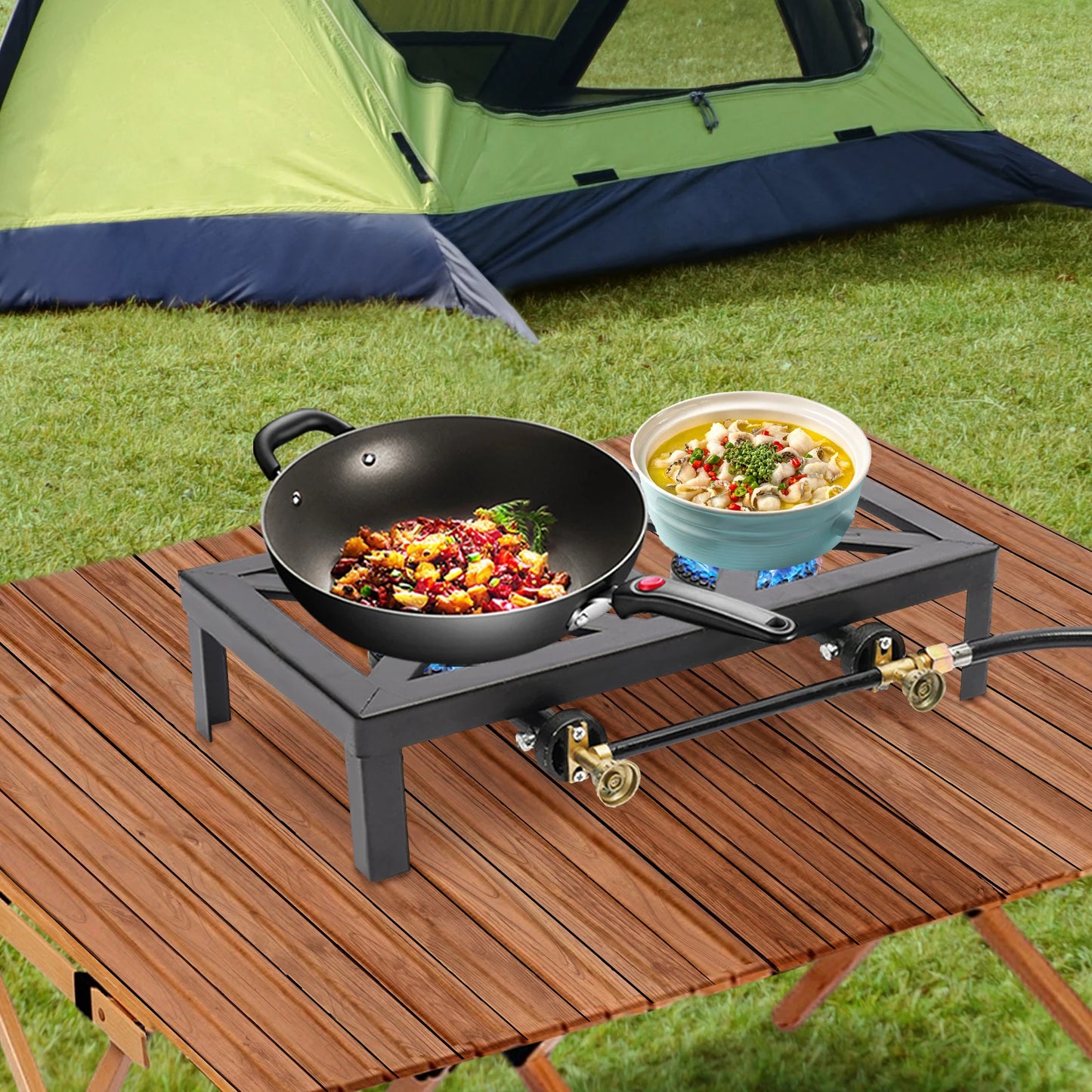 Portable Double Burner Outdoor Gas Stove Propane Cooker with Adjustable 0-10Psi Regulator Hose for Patio Camping, BBQ, Home