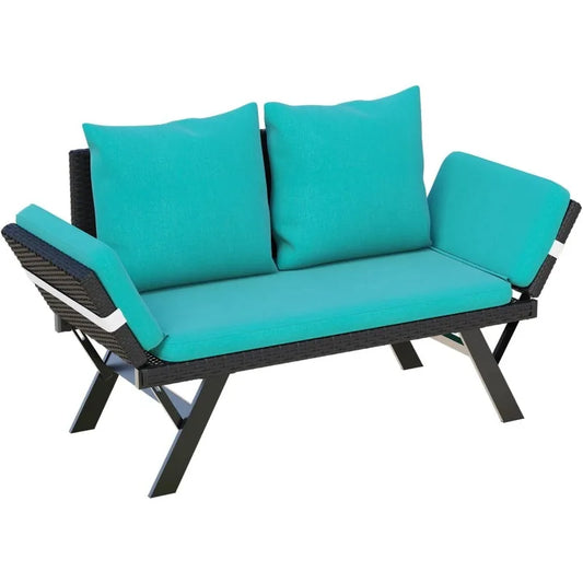Outdoor Convertible Sofa, Daybed Couch with Adjustable Armrests, Woven Rattan Patio Loveseat or Double Chair with Soft C