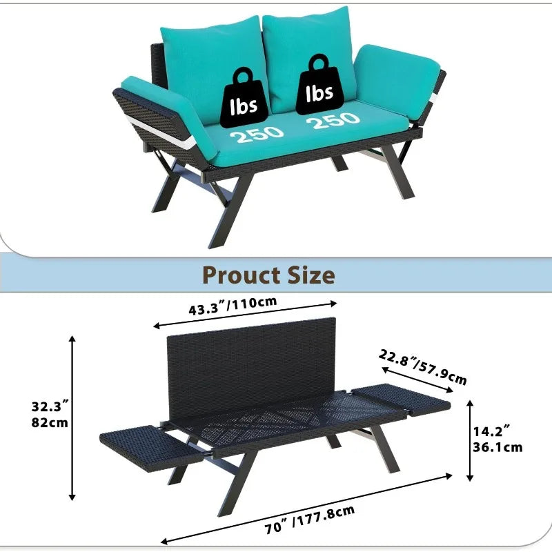Outdoor Convertible Sofa, Daybed Couch with Adjustable Armrests, Woven Rattan Patio Loveseat or Double Chair with Soft C
