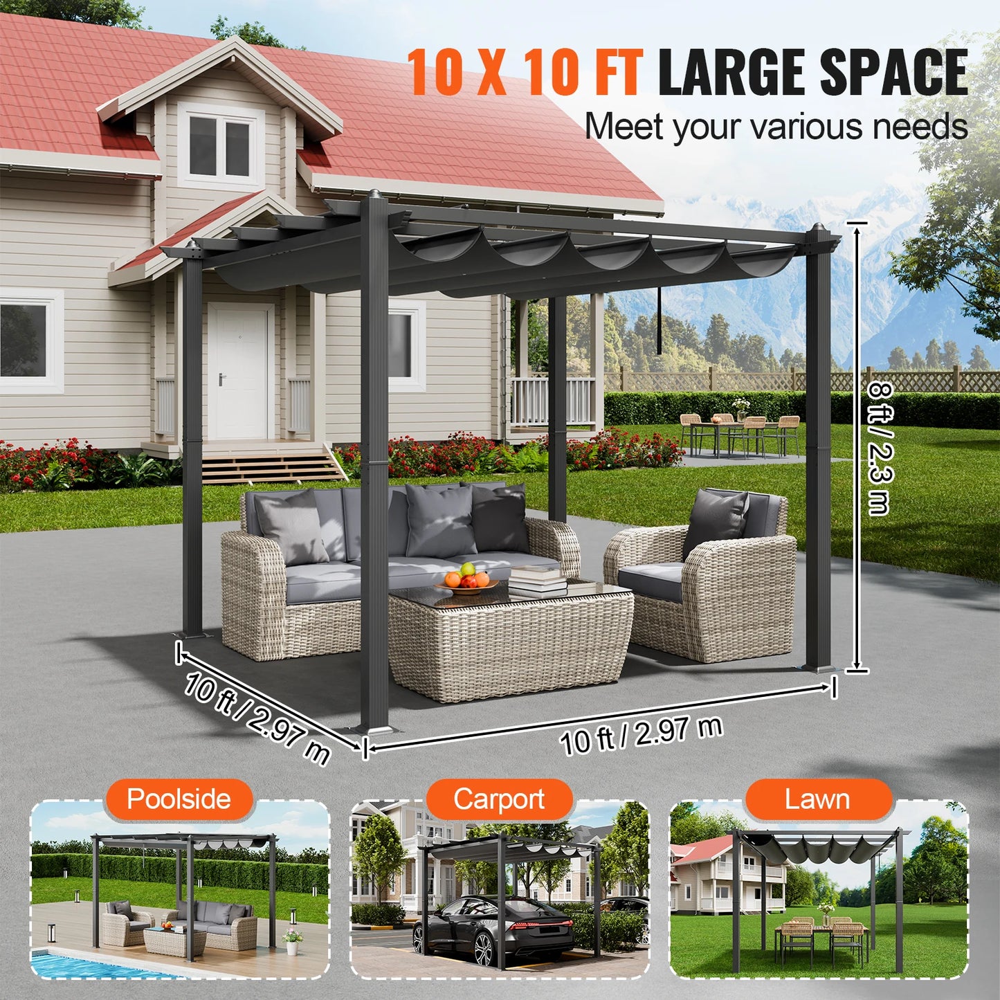 VEVOR Outdoor Retractable Pergola with Canopy Aluminum Pergola with Canopy Modern Pergola with Sun Shade Canopy for Gardens