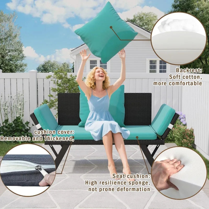 Outdoor Convertible Sofa, Daybed Couch with Adjustable Armrests, Woven Rattan Patio Loveseat or Double Chair with Soft C