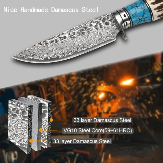 1 Piece Damascus Steel Outdoor Knife with Fixed Blade, Handmade Sheath and Gorgeous Design - Perfect for Camping, Survival and Rescue  | Camping and Survival Equipment