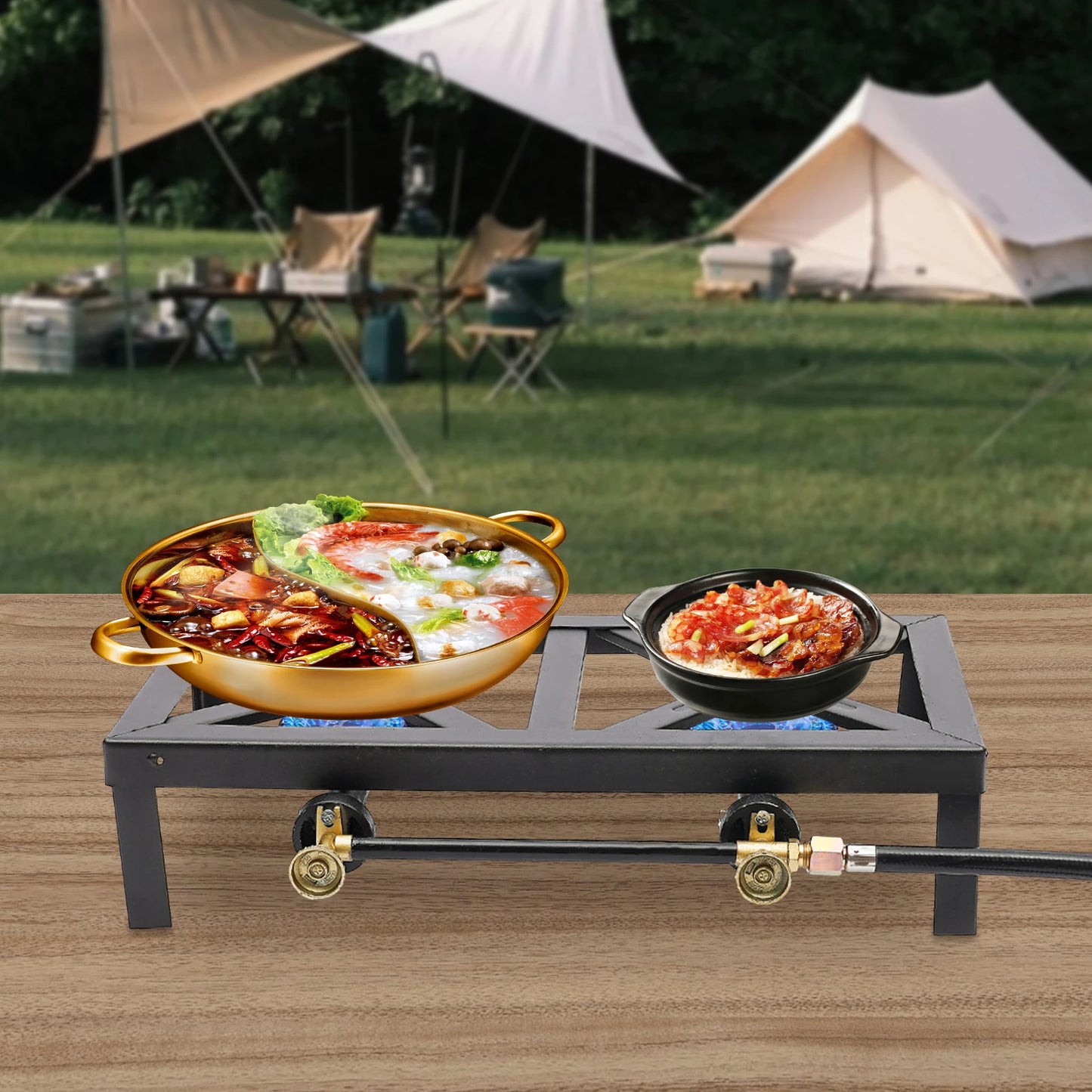 Portable Double Burner Outdoor Gas Stove Propane Cooker with Adjustable 0-10Psi Regulator Hose for Patio Camping, BBQ, Home